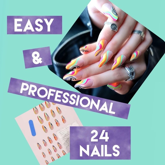 Acrylic Medium Almond Tip Racing Lines 70s Cool Pattern Retro Mod Nails - Picture 2 of 6